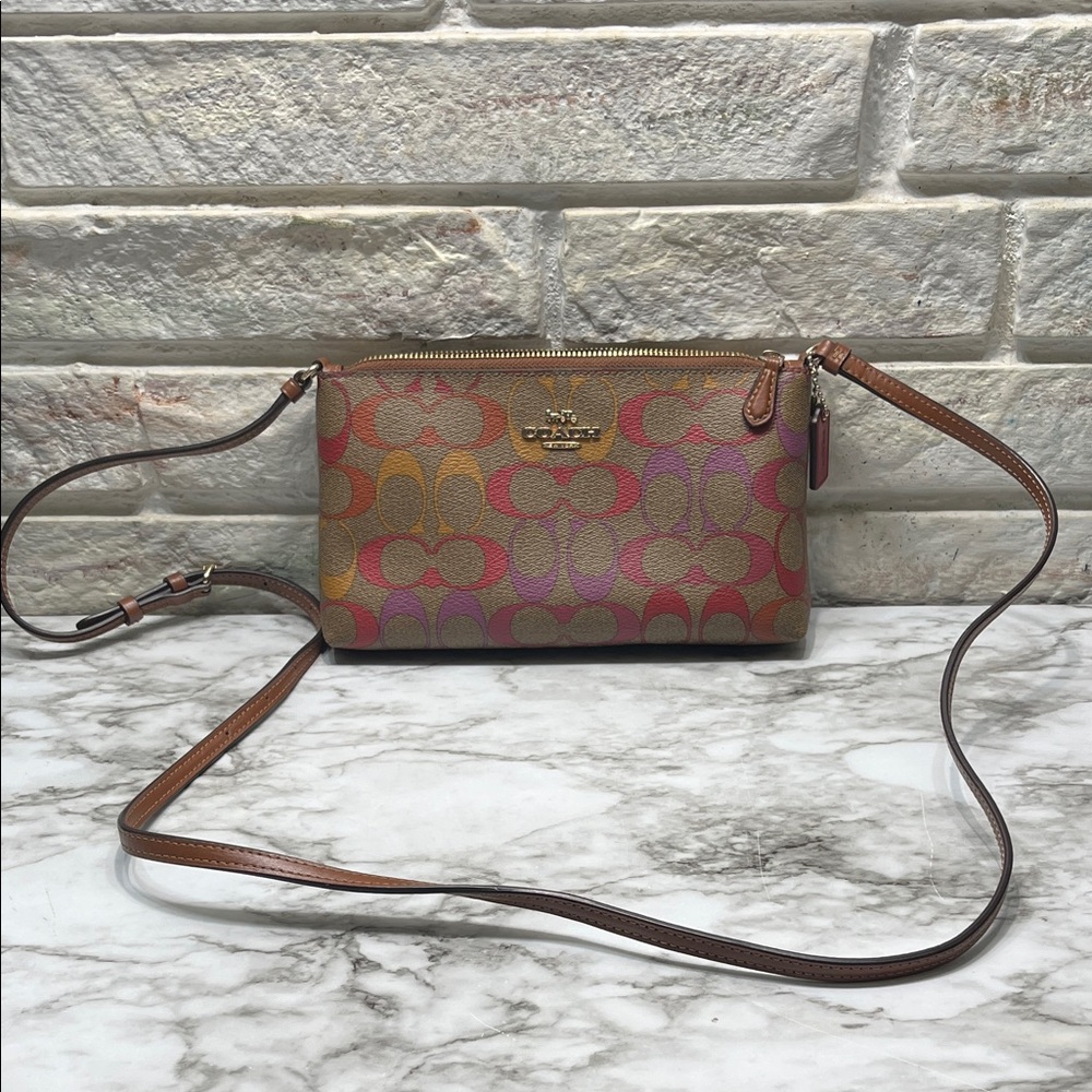 Coach Combo Zip Top Crossbody Rainbow Signature Canvas with Matching Cardholder.